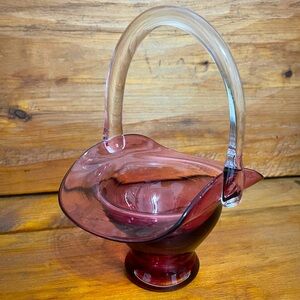 Vintage Pilgrim cranberry glass basket clear handle